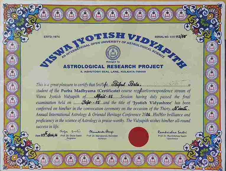 Jyotish Vidyashree Certificate in Astrology – Dr. Prodyut Acharya, ARP