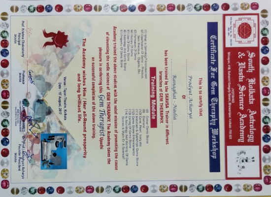 Gem Therapy Certificate – Prodyut Acharya, SKAVSA Astrology