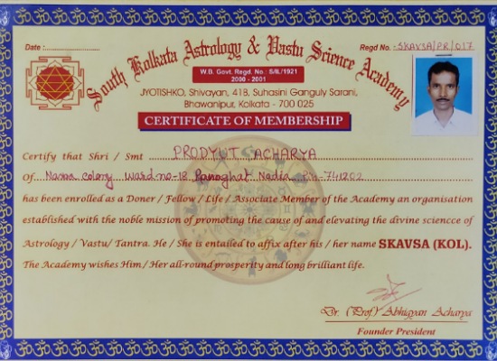 Life Membership Certificate – South Kolkata Astrology & Vastu Science Academy (SKAVSA)