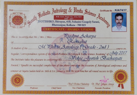 Vidya Jyotish Bachaspati MPhil in Astrology – Dr. Prodyut Acharya, SKAVSA
