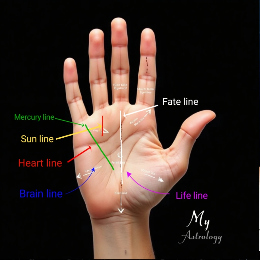 Main six palm lines in hasta rekha — spiritual, Jyotish and scientific meaning